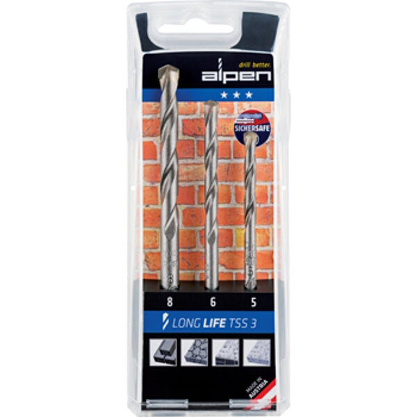 Alpen Masonry Drill Bit Set - 3 Piece: Long Life TSS 3 - 5mm, 6mm, 8mm Brick Concrete Drilling