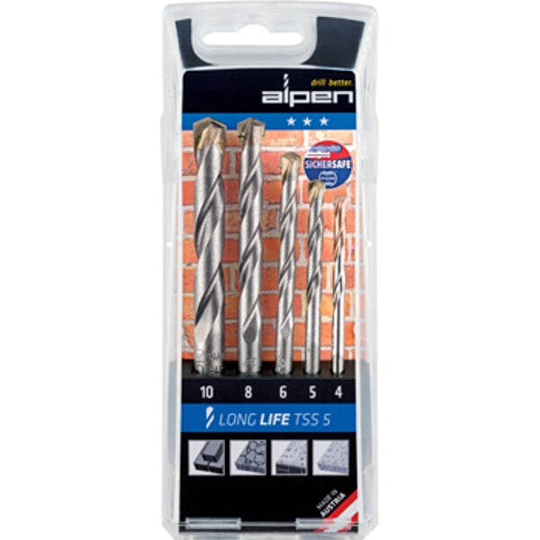 Alpen Masonry Drill Bit Set - 5 Piece Long Life (4, 5, 6, 8, 10mm) - Durable Stone Concrete Brick Drilling