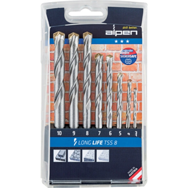 Alpen Masonry Drill Bit Set - 8 Piece Long Life 3-10mm for Brick, Concrete, Stone. Premium Quality Drill Bits