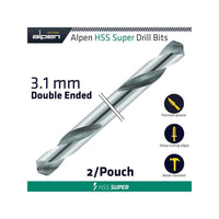 Alpen HSS Super Double Ended 3.1mm Drill Bit, 2/Pouch. High-Speed Steel Drill Bit for Precise Drilling.