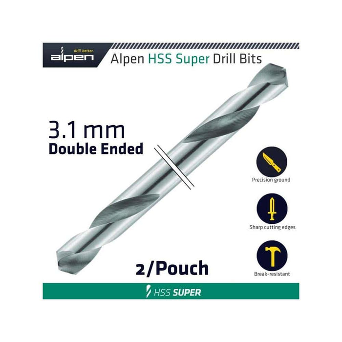 Alpen HSS Super Double Ended 3.1mm Drill Bit, 2/Pouch. High-Speed Steel Drill Bit for Precise Drilling.