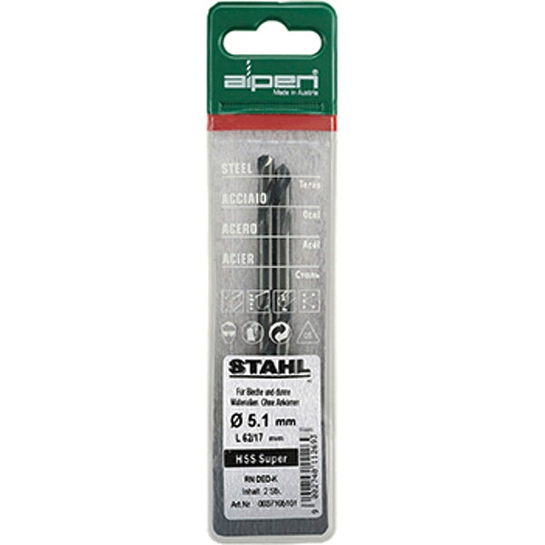 Alpen HSS Steel Drill Bit 5.1mm - High Speed Steel Twist Drill for Metalworking - 2 Piece Set