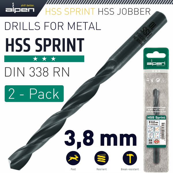 Hss Sprint Drill Bit 3.8Mm 2/Pack ALP614038