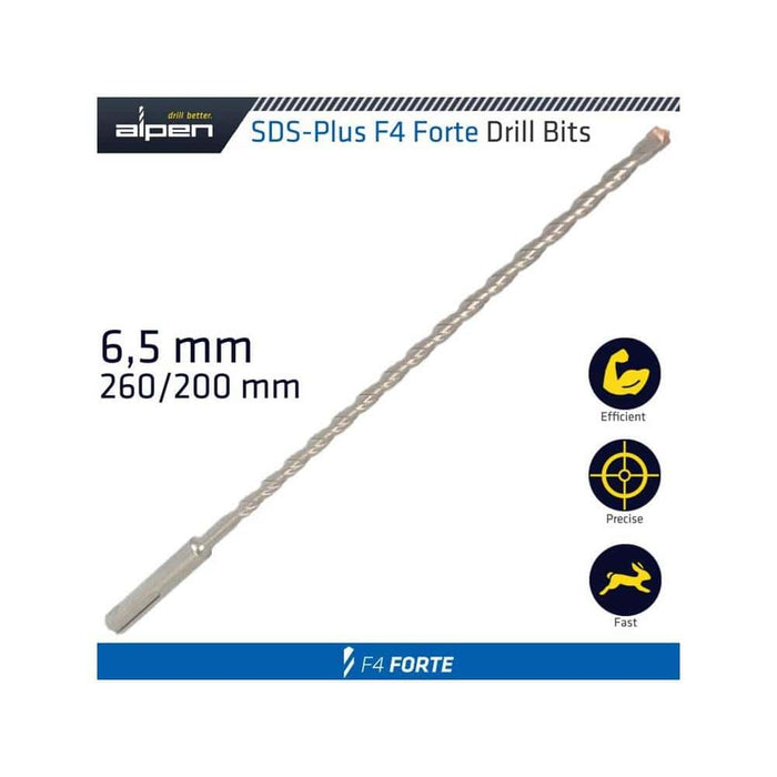 Alpen SDS-Plus F4 Forte Drill Bit - 6.5mm, 260/200mm. Efficient, Precise, Fast drilling.