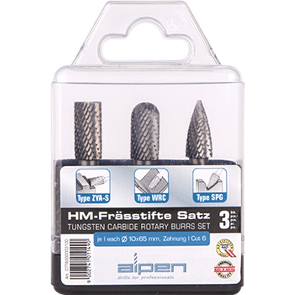 Alpen Tungsten Carbide Burr Set - 3 Piece Rotary Burrs ZYA-S, WRC, SPG - Metal Cutting, Shaping, Deburring for Professionals