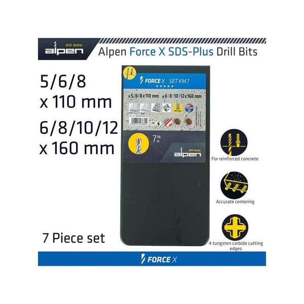 FORCE X SDS-PLUS SET KM7 7 PCS. 5.0/ 6.0/ 8.0 MM X 110 AND 6.0/ 8.0/ 1