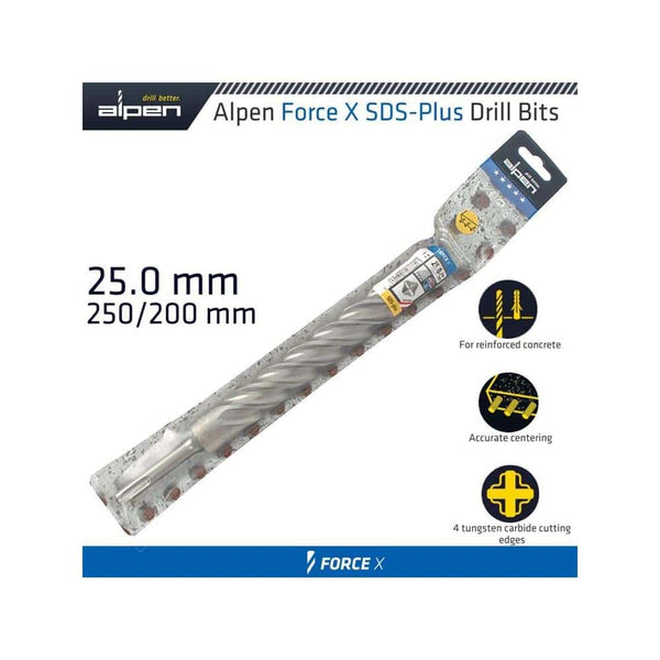 FORCE X 25.0 x 250/200 SDS-PLUS REBAR DRILL BIT X4 CUTTING EDGES