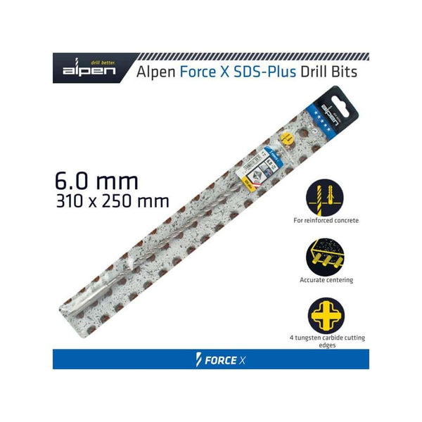 FORCE X 6.0 x 310/250 SDS-PLUS REBAR DRILL BIT X4 CUTTING EDGES