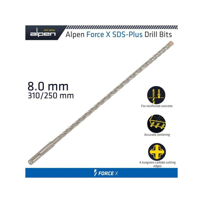 Alpen Force X SDS-Plus 8.0mm Concrete Drill Bit, 4 Tungsten Carbide Cutting Edges - Drill Better!