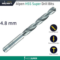 Alpen HSS Super Drill Bit 4.8mm - Precision Ground, Sharp Cutting, Break-Resistant - Made in Austria
