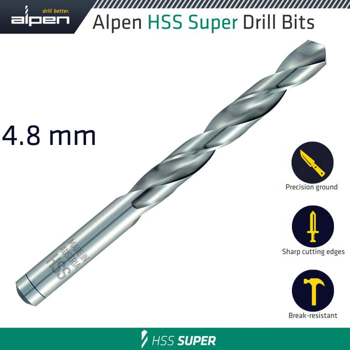 Alpen HSS Super Drill Bit 4.8mm - Precision Ground, Sharp Cutting, Break-Resistant - Made in Austria