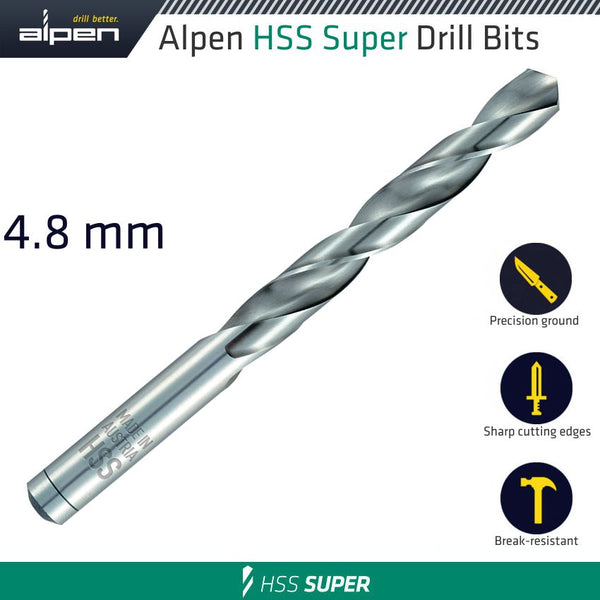 Alpen HSS Super Drill Bit 4.8mm - Precision Ground, Sharp Cutting, Break-Resistant - Made in Austria