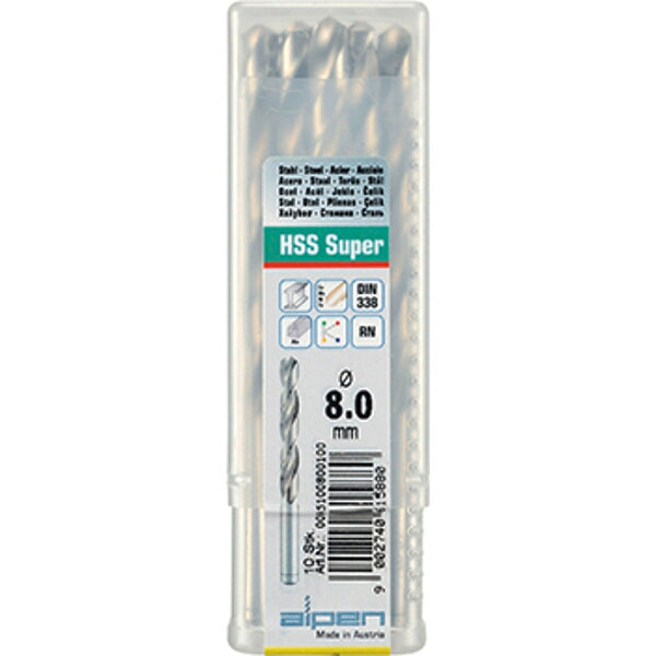 Alpen HSS Super 8.0mm Drill Bits - Steel Drilling - High Speed Steel Drill Bit Set