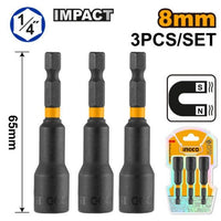 INGCO Magnetic Nut Setter Set - 8mm, 3-Piece - Impact Driver Bit Set - High Quality Power Tool Accessory