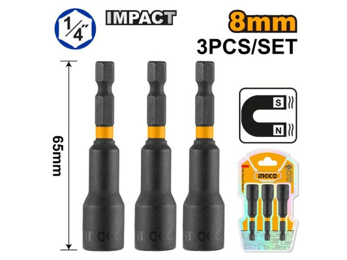 INGCO Magnetic Nut Setter Set - 8mm, 3-Piece - Impact Driver Bit Set - High Quality Power Tool Accessory