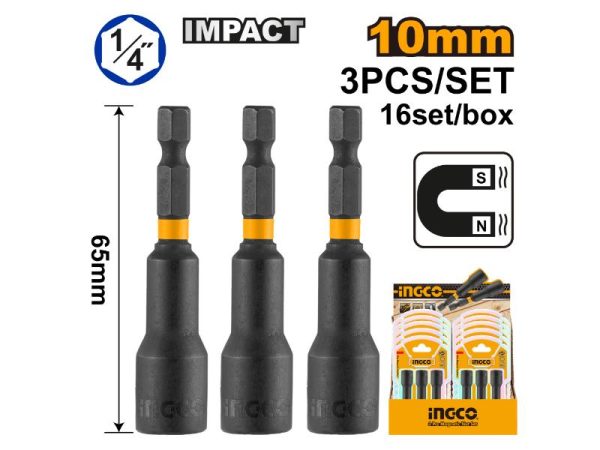 INGCO 10mm Magnetic Nut Setter Set, 3 Pcs, Impact Driver Socket Adapter