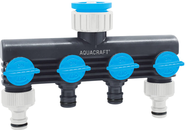 AQUA FITT Tap Connector Multi Outlet: 4-way Garden Hose Splitter, Water Tap Connector