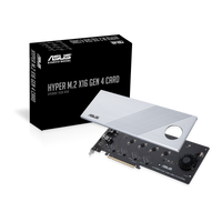 'ASUS Hyper M.2 x16 Gen 4 Card (PCIe 4.0/3.0) supports four NVMe M.2 (2242/2260/2280/22110) devices up to 256 Gbps.