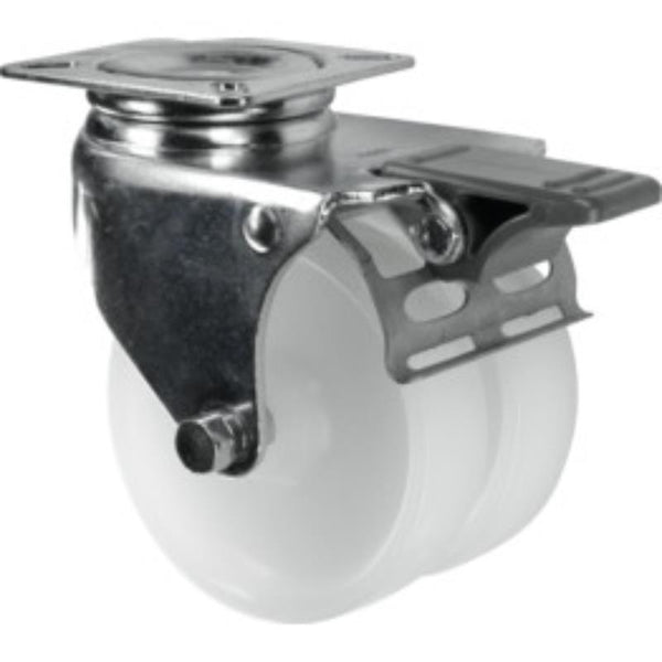 ATLAS braked swivel plate caster, 75mm twin polypropylene wheels, robust industrial furniture caster, shop chavda.com