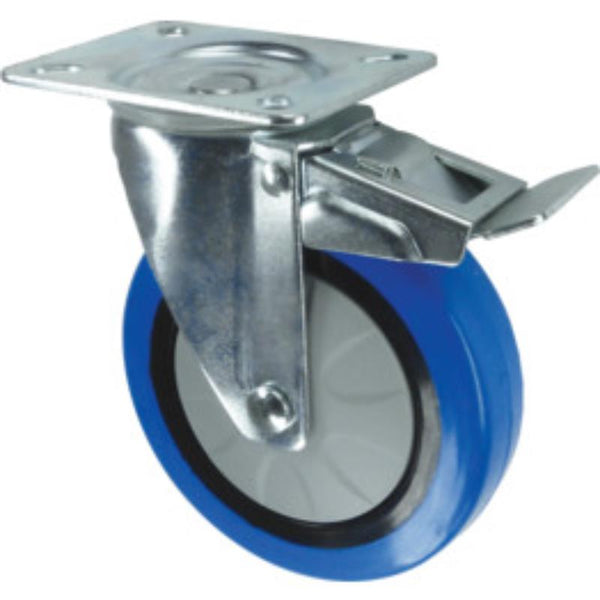 Atlas Workholders BRAKED SWIVEL PLATE 125mmBLUE RUBBER TYRE