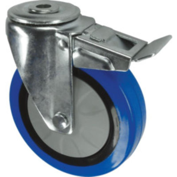 Atlas Workholders BRAKED SWIVEL BOLT HOLE 125mmBLUE RUBBER TYRE