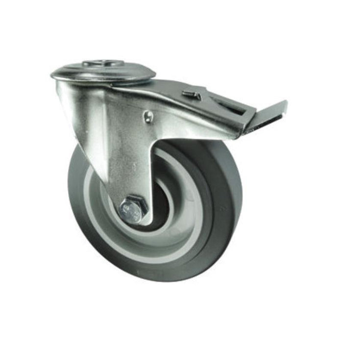 Atlas Workholders BRAKED SWIVEL BOLT HOLE 125mmGREY RUBBER TYRE