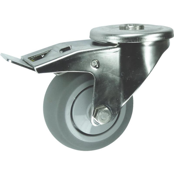 Atlas Workholders SS BRAKED SWIVEL BOLT HOLE 100mmGREY RUBBER TYRE