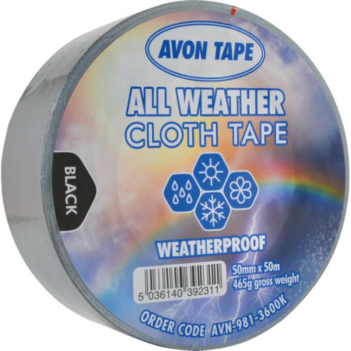 Avon All Weather Black Duct Tape 50mm x 50m - Weatherproof Cloth Tape for Repairs