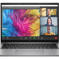 HP ZBook Firefly 14 G11 Laptop showcasing a Zoom Meeting with participants and colorful abstract background.