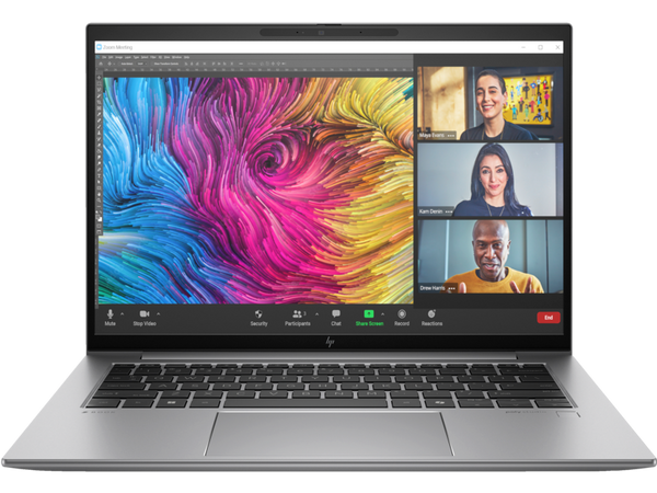 HP ZBook Firefly 14 G11 Laptop showcasing a Zoom Meeting with participants and colorful abstract background.