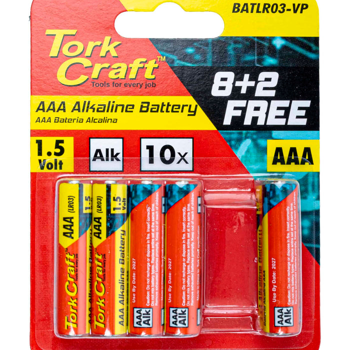 BATTERY AAA 1.5V VALUE PACK 10 PACK 8 + 2 FREE CARDED ALKALINE