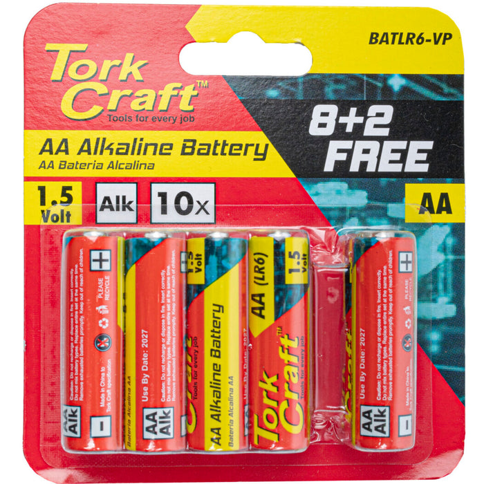 Tork Craft AA Alkaline Batteries - 10 Pack (8+2 Free). Long Lasting Power for Every Job! Value Pack.