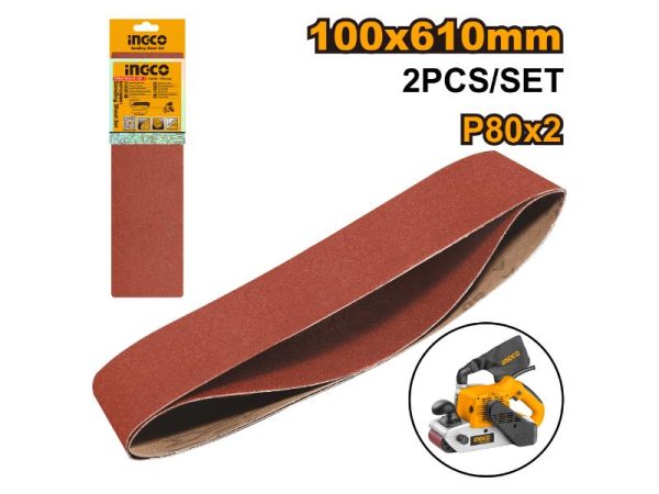 INGCO Sanding Belt 100x610mm P80 Grit 2-Piece Set | Sander Belt Replacement | Durable Abrasive Belts for Woodworking