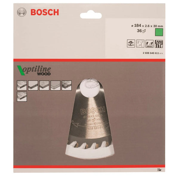 Bosch Optiline Wood Saw Blade 184mm 36T - Wood Cutting Circular Blade