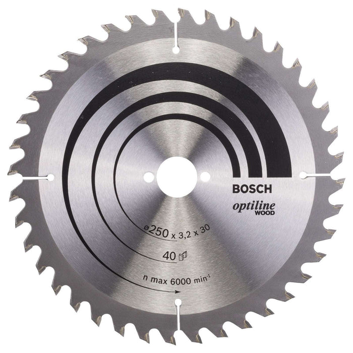 Bosch Optiline Wood Saw Blade 250mm 40 Teeth - Wood Cutting Disc for Precise Cuts