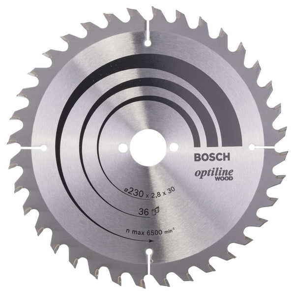 Bosch 230mm Wood Saw Blade: Optiline 30mm Bore, 2.8mm Thick, 36 Teeth. Circular Saw Blade for Wood Cutting