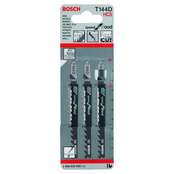 Bosch T144D Jigsaw Blades: Speed for Wood, HCS, 3-Piece Set. Fast Cut Woodworking Blades