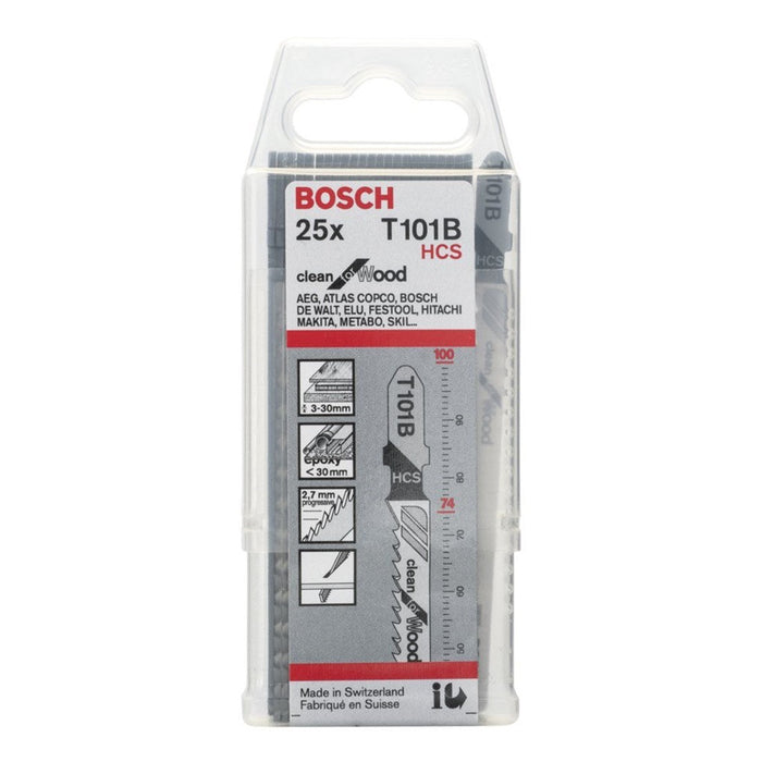 Bosch T101B Jigsaw Blades - Clean for Wood, 25 Pack. HCS blades for smooth, splinter-free wood cuts.
