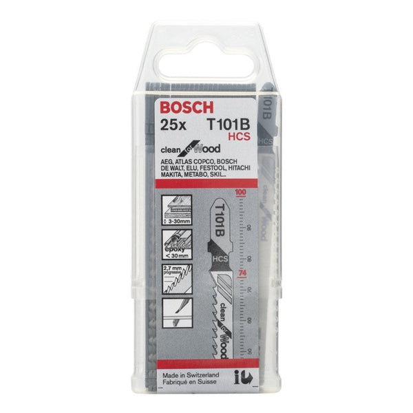 Bosch T101B Jigsaw Blades - Clean for Wood, 25 Pack. HCS blades for smooth, splinter-free wood cuts.
