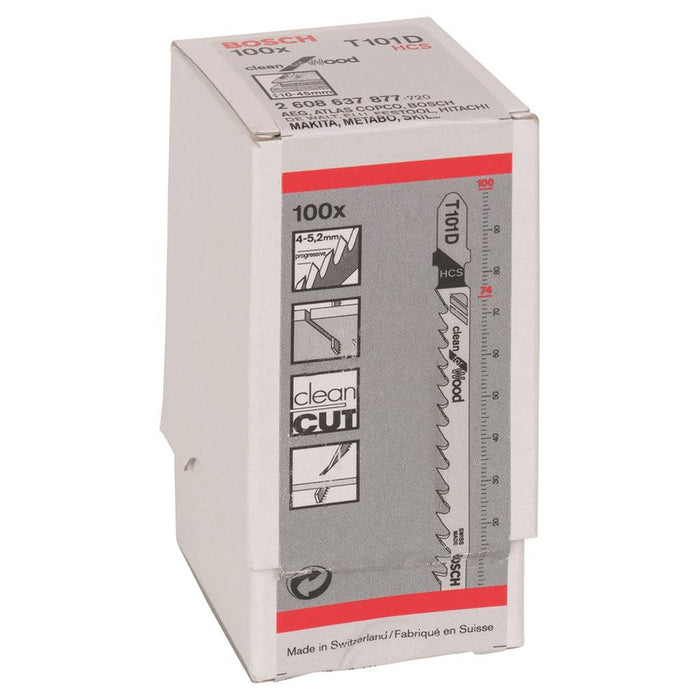 Bosch T101D Jigsaw Blades - Clean Cut for Wood (100 Pack). Wood Cutting Blade Set. High Carbon Steel.