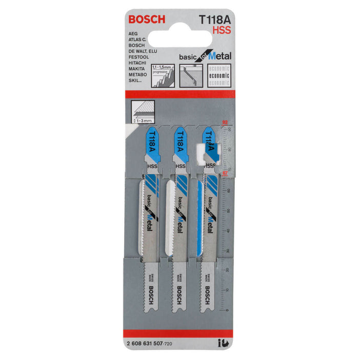 Bosch T118A Jigsaw Blades: Metal Cutting HSS, 3-Piece Set. Jigsaw Blade for Metal.