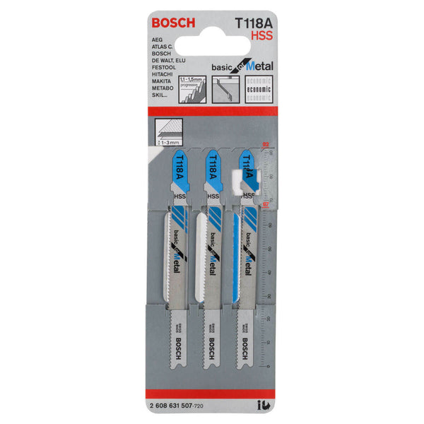 Bosch T118A Jigsaw Blades: Metal Cutting HSS, 3-Piece Set. Jigsaw Blade for Metal.