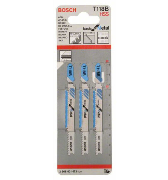 Bosch T118B Jigsaw Blades - Metal Cutting, HSS, 3-Piece Set. Durable & Efficient!