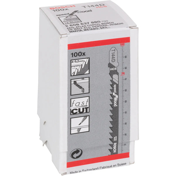 Bosch T144D Jigsaw Blades: Speed for Wood, 100 pc HCS, Fast Cut. High-Carbon Steel.