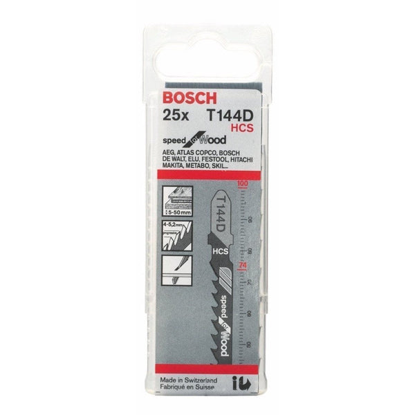 Bosch T144D Jigsaw Blades 25-Pack: Speed for Wood Cutting, HCS Blades, Power Tool Accessory