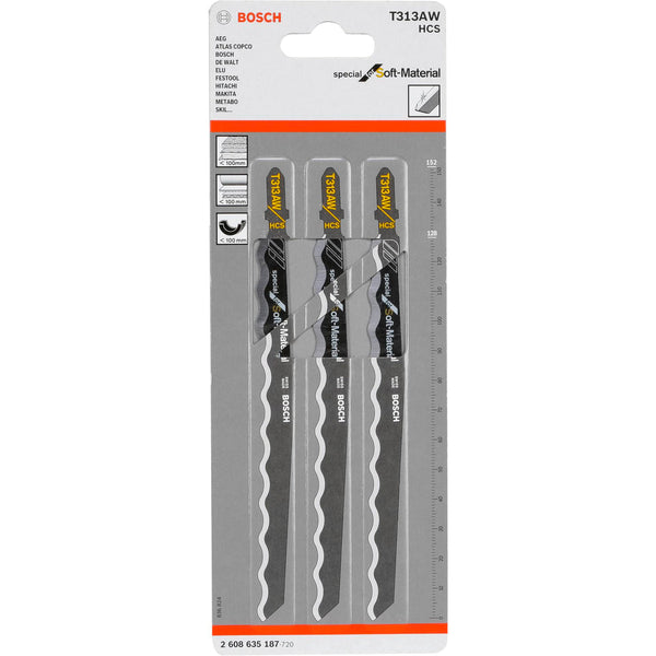 Bosch T313AW Jigsaw Blades: Soft Material HCS 3-Pack. Clean Cuts in Foam, Rubber, Plastics.