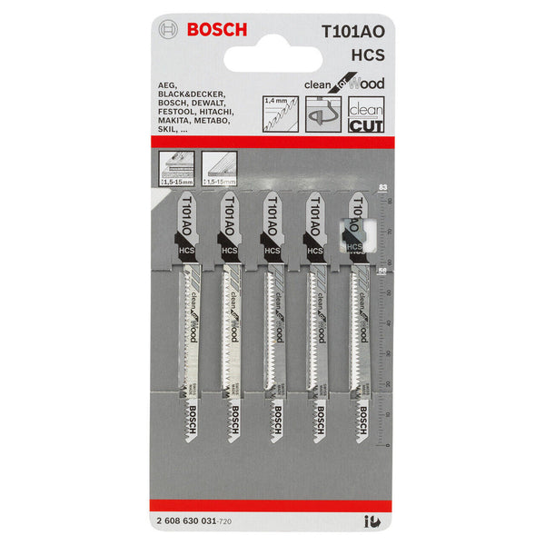Bosch T101AO Jigsaw Blades: Clean Wood Cuts - 5-Piece HCS Blade Set for Bosch, Dewalt, Makita & More. Wood Cutting Blades.