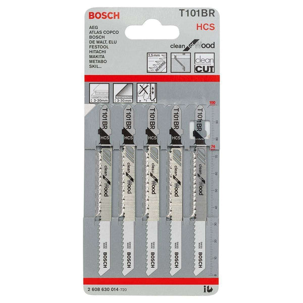 Bosch T101BR HCS Jigsaw Blades - 5 Piece Set for Clean Wood Cutting. High Carbon Steel, Swiss Made.
