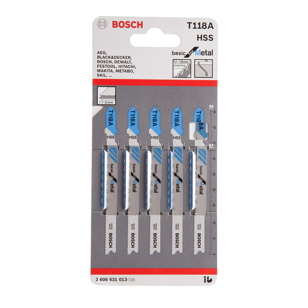 Bosch T118A HSS Jigsaw Blades for Metal: 5-Piece Set. Metal Cutting Saw Blades, Basic for Metal. Durable HSS blades, Fits Bosch jigsaws