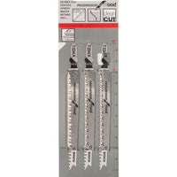 Bosch T234X Jigsaw Blades: Wood Cutting, HCS Steel, 3-Pack. Clean & Fast Wood Cuts with Progressor Tooth Design.